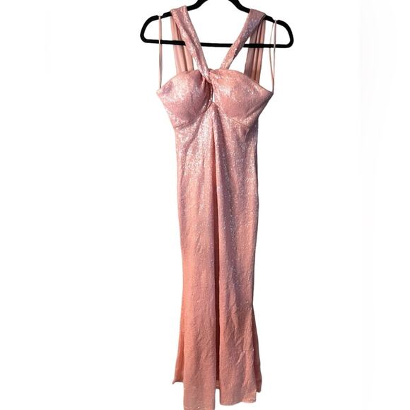 Theia Pink Sequin Cross Halter Maxi Cocktail Dress Size 8 - Picture 1 of 10